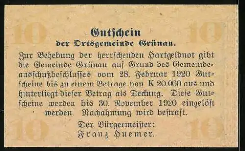 Notgeld Grünau 1920, 10 Heller, Berglandschaft mit See und Edelweissblüten