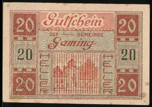 Notgeld Gaming 1920, 20 Heller, Gebäude und Bäume, Serienschein mit Unterschriften