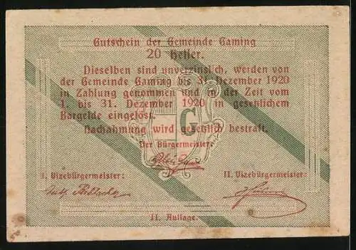 Notgeld Gaming 1920, 20 Heller, Gebäude und Bäume, Serienschein mit Unterschriften