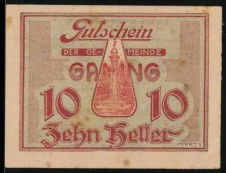 Notgeld Gaming 1920, 10 Heller, mit Kirchturm-Motiv und Signaturen der Bürgermeister