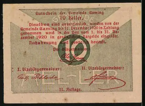 Notgeld Gaming 1920, 10 Heller, mit Kirchturm-Motiv und Signaturen der Bürgermeister