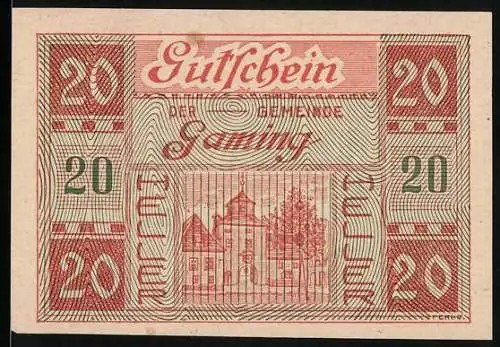 Notgeld Gaming 1920, 20 Heller, Gemeindehaus und Wappen