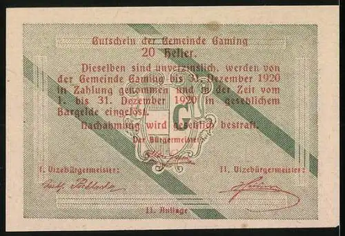 Notgeld Gaming 1920, 20 Heller, Gemeindehaus und Wappen