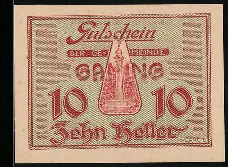 Notgeld Gaming 1920, 10 Heller, Turmmotiv und Unterschriften