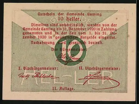 Notgeld Gaming 1920, 10 Heller, Turmmotiv und Unterschriften