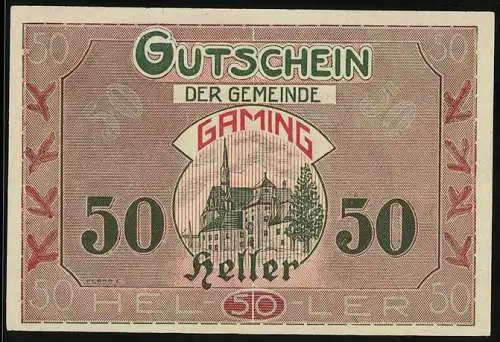 Notgeld Gaming 1920, 50 Heller, Kirche und Gemeindeansicht