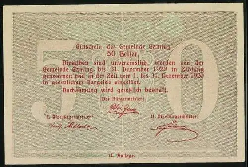 Notgeld Gaming 1920, 50 Heller, Kirche und Gemeindeansicht