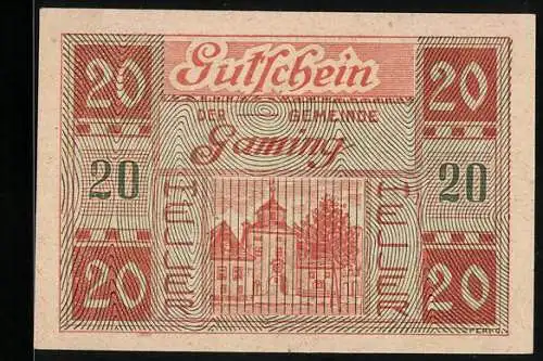 Notgeld Gaming 1920, 20 Heller, Gebäude und Wappen der Gemeinde