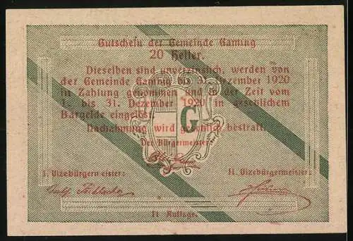 Notgeld Gaming 1920, 20 Heller, Gebäude und Wappen der Gemeinde