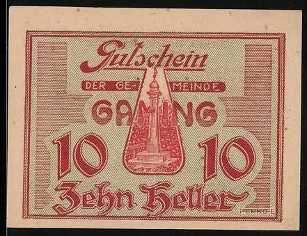 Notgeld Gaming 1920, 10 Heller, mit Obelisk-Motiv und Gemeindesiegel