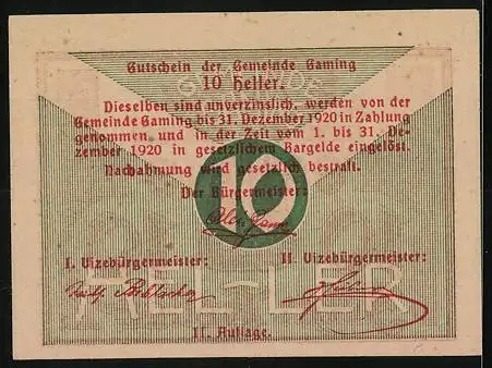 Notgeld Gaming 1920, 10 Heller, mit Obelisk-Motiv und Gemeindesiegel