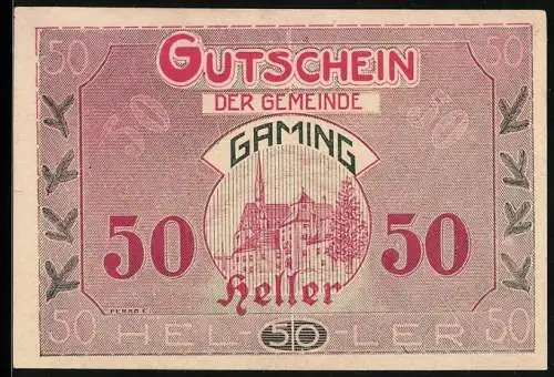 Notgeld Gaming 1920, 50 Heller, Kirche und Landschaftsmotiv