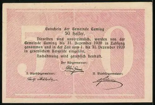 Notgeld Gaming 1920, 50 Heller, Kirche und Landschaftsmotiv