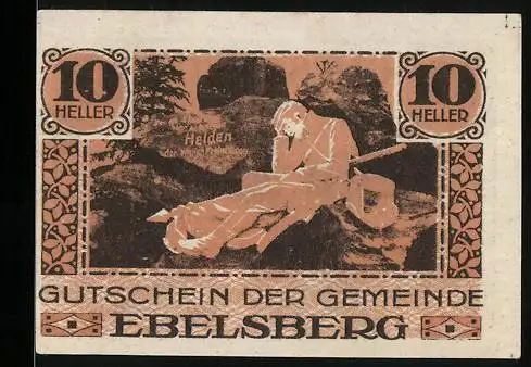 Notgeld Ebelsberg 1920, 10 Heller, schlafender Soldat im Wald, Wappen und Unterschrift des Bürgermeisters