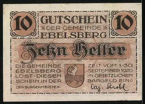 Notgeld Ebelsberg 1920, 10 Heller, schlafender Soldat im Wald, Wappen und Unterschrift des Bürgermeisters