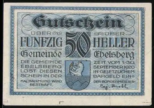 Notgeld Ebelsberg 1920, 50 Heller, Stadtansicht von 1677, Wappen und Text zur Kriegsnot