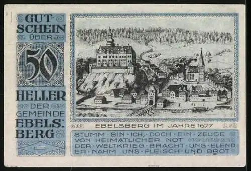 Notgeld Ebelsberg 1920, 50 Heller, Stadtansicht von 1677, Wappen und Text zur Kriegsnot