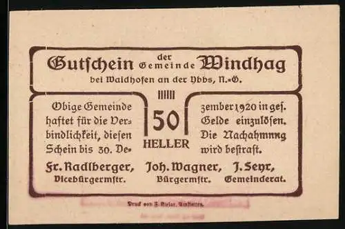 Notgeld Windhag 1920, 50 Heller, Landschaftsmotiv mit Verzierung und Textblock