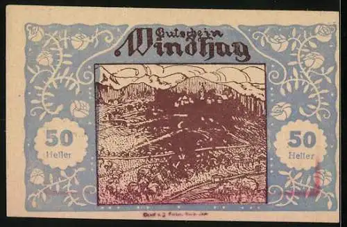 Notgeld Windhag 1920, 50 Heller, Landschaftsmotiv mit Verzierung und Textblock