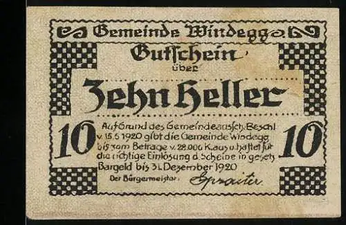 Notgeld Windegg 1920, 10 Heller, Landschaft mit Burg und Dorf, dekorative Muster