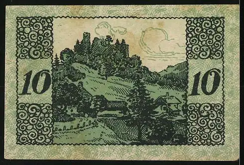 Notgeld Windegg 1920, 10 Heller, Landschaft mit Burg und Dorf, dekorative Muster