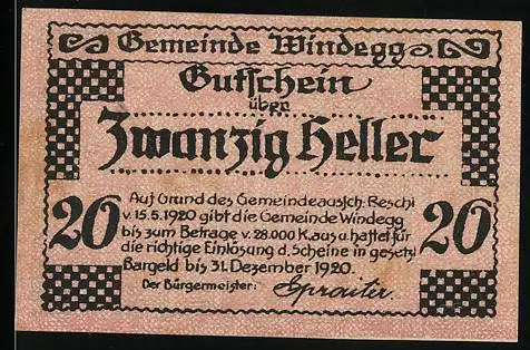 Notgeld Windegg 1920, 20 Heller, Burglandschaft und Ziermuster