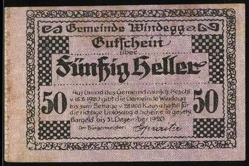 Notgeld Windegg 1920, 50 Heller, Burgansicht und dekoratives Muster