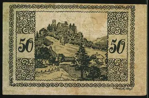 Notgeld Windegg 1920, 50 Heller, Burgansicht und dekoratives Muster