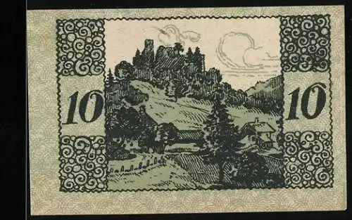 Notgeld Windegg 1920, 10 Heller, Landschaft mit Burg und Häusern