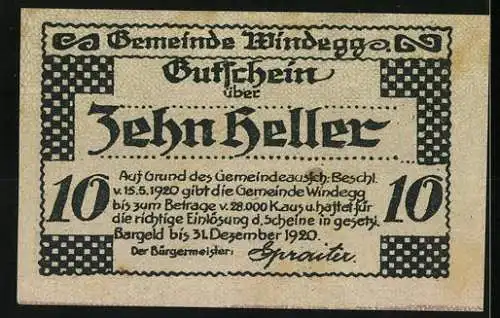 Notgeld Windegg 1920, 10 Heller, Landschaft mit Burg und Häusern