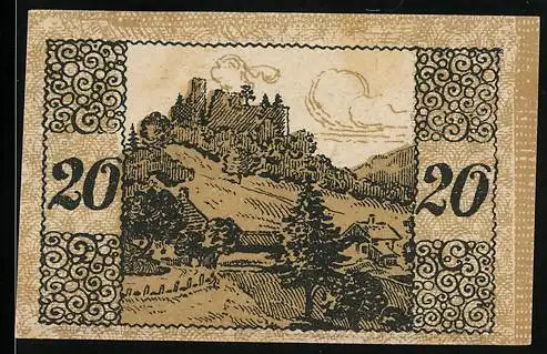 Notgeld Windegg 1920, 20 Heller, Burgruine auf Hügel mit Landschaftsmotiv