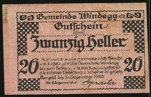 Notgeld Windegg 1920, 20 Heller, Burgruine auf Hügel mit Landschaftsmotiv