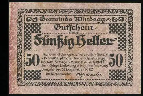 Notgeld Windegg 1920, 50 Heller, Landschaft mit Burgruine und Dorfansicht