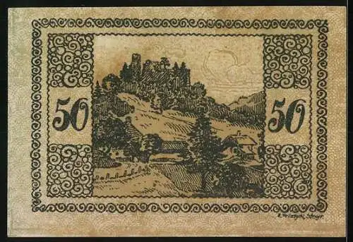 Notgeld Windegg 1920, 50 Heller, Landschaft mit Burgruine und Dorfansicht