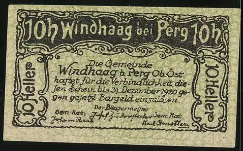 Notgeld Windhaag bei Perg 1920, 10 Heller, Burgansicht und dekorativer Schriftzug