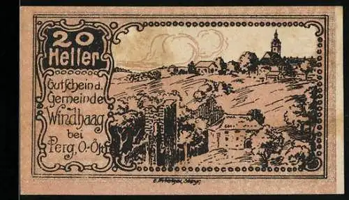 Notgeld Windhaag 1920, 20 Heller, Landschaft mit Dorfansicht und Ruinen