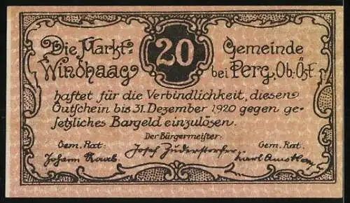 Notgeld Windhaag 1920, 20 Heller, Landschaft mit Dorfansicht und Ruinen