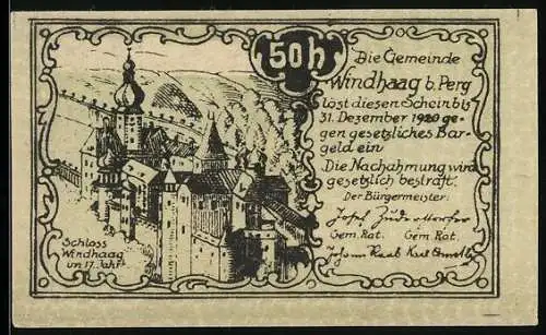 Notgeld Windhaag bei Perg 1920, 50 Heller, Schloss Windhaag und Dorfansicht