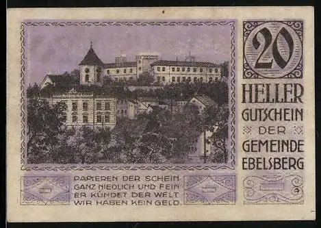 Notgeld Ebelsberg 1920, 20 Heller, Schlossansicht und Gemeindewappen