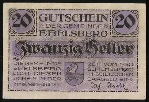 Notgeld Ebelsberg 1920, 20 Heller, Schlossansicht und Gemeindewappen