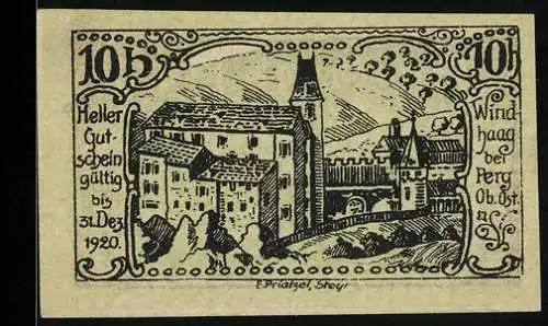 Notgeld Windhaag bei Perg 1920, 10 Heller, Schlossansicht mit Landschaft im Hintergrund