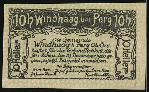 Notgeld Windhaag bei Perg 1920, 10 Heller, Schlossansicht mit Landschaft im Hintergrund