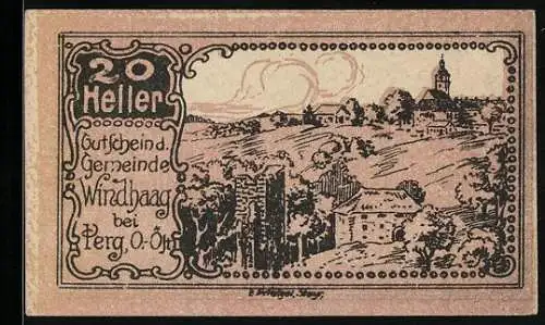 Notgeld Windhaag 1920, 20 Heller, Landschaft mit Dorfansicht