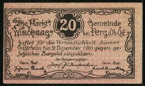 Notgeld Windhaag 1920, 20 Heller, Landschaft mit Dorfansicht