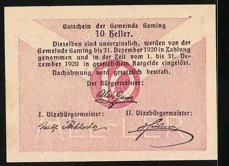 Notgeld Gaming 1920, 10 Heller, Denkmalmotiv mit Unterschriften und Siegel