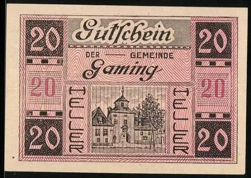 Notgeld Gaming 1920, 20 Heller, Schlossgebäude-Motiv