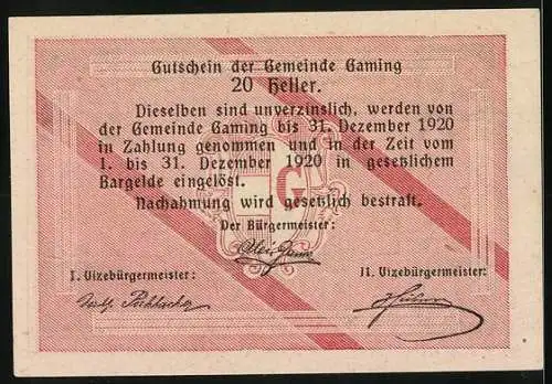 Notgeld Gaming 1920, 20 Heller, Schlossgebäude-Motiv