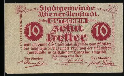 Notgeld Wiener-Neustadt 1920, 10 Heller, Stadtansicht und Wappen