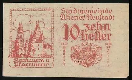 Notgeld Wiener-Neustadt 1920, 10 Heller, Stadtansicht und Wappen