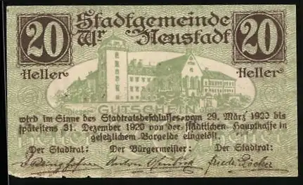 Notgeld Wr. Neustadt 1920, 20 Heller, Stadtansicht und Wasserturm